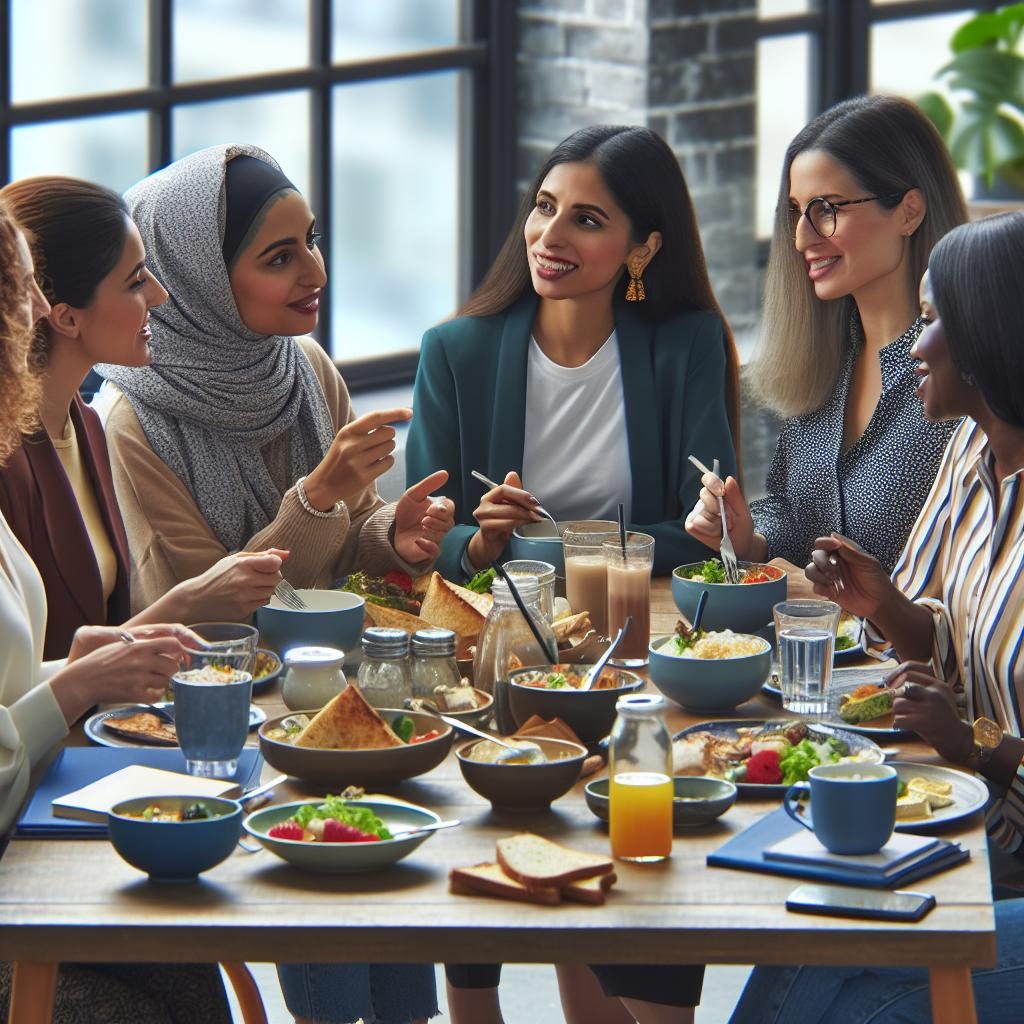 Women networking over lunch.