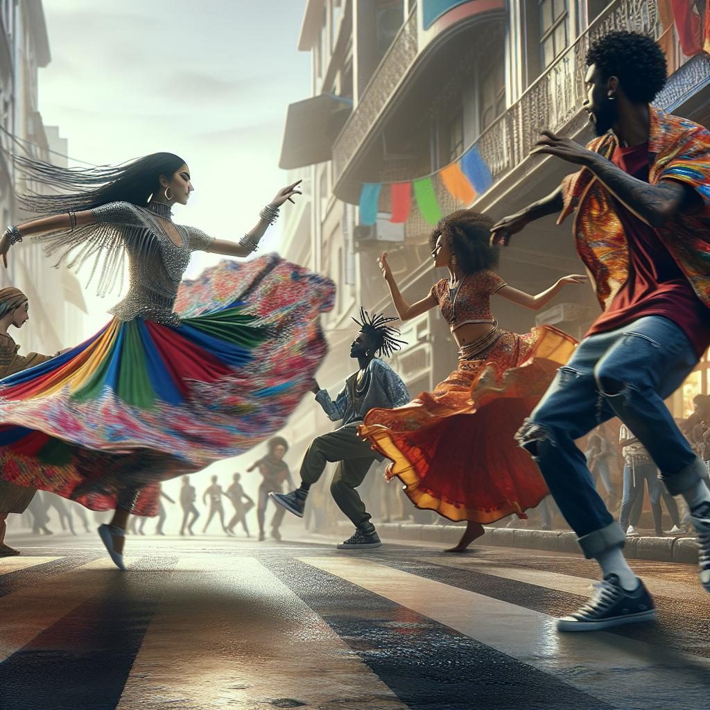 Colorful street performers dancing.