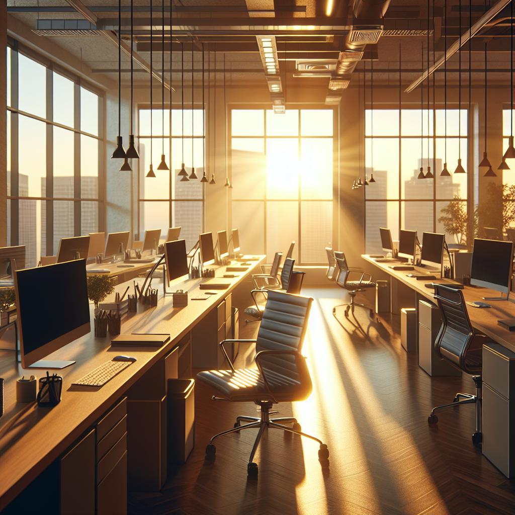 Empty office desks sunset.