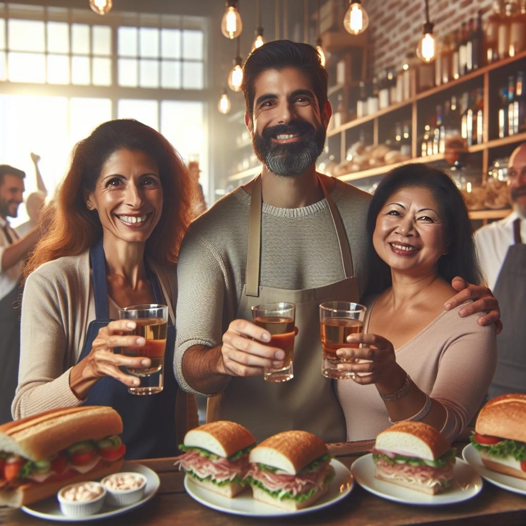 Sandwich bar owners celebrating.