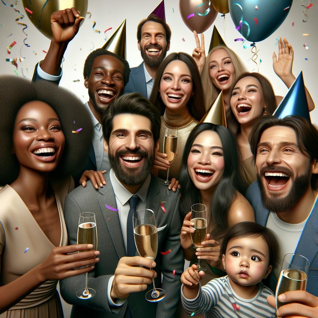 Celebratory group photo illustration.