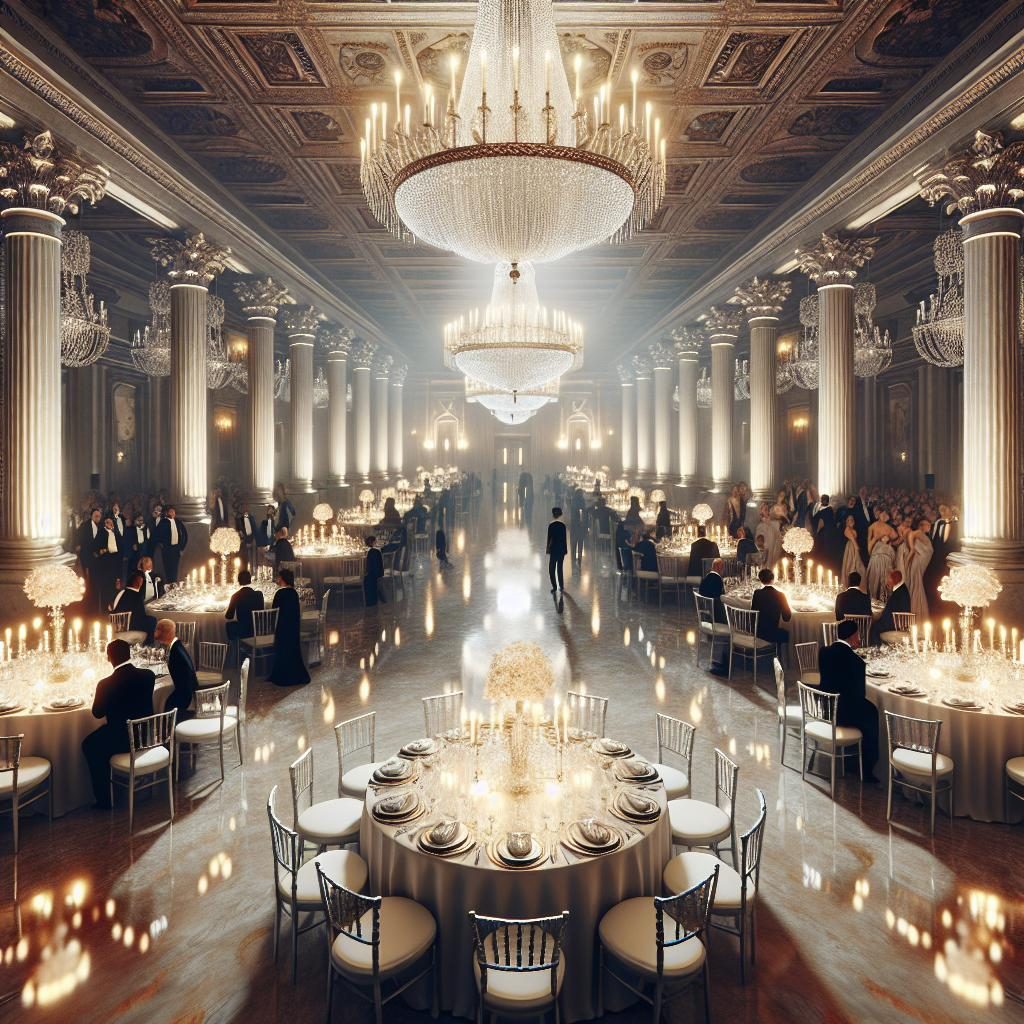 Elegant ballroom fundraiser setting.