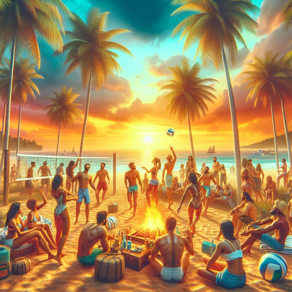 Tropical beach party scene.