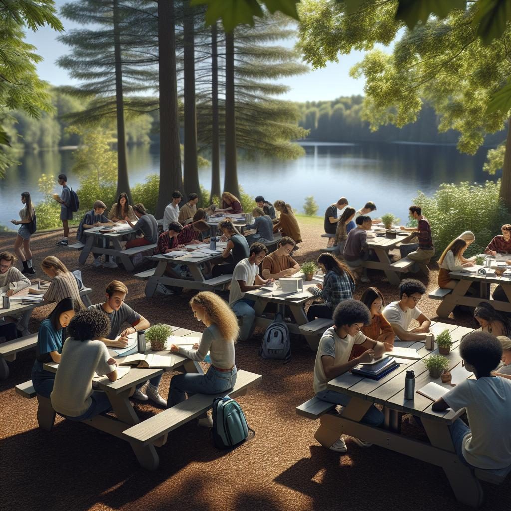 Bemidji students studying outdoors.