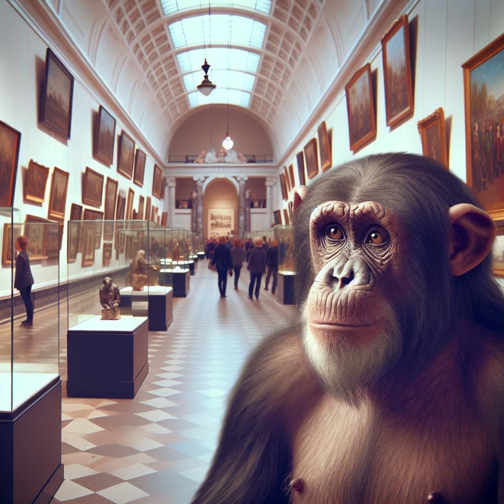 Curious ape in museum.