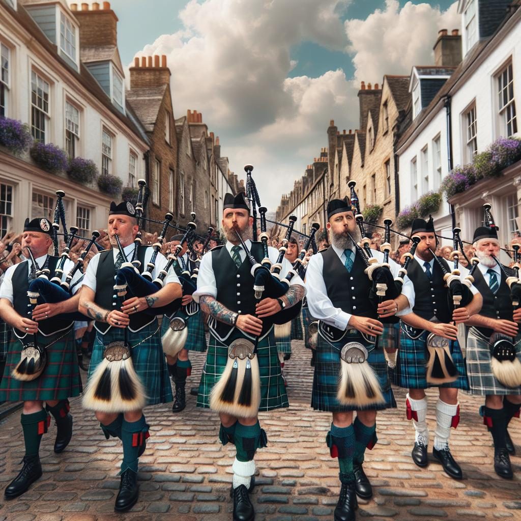 "Scottish bagpipers marching"