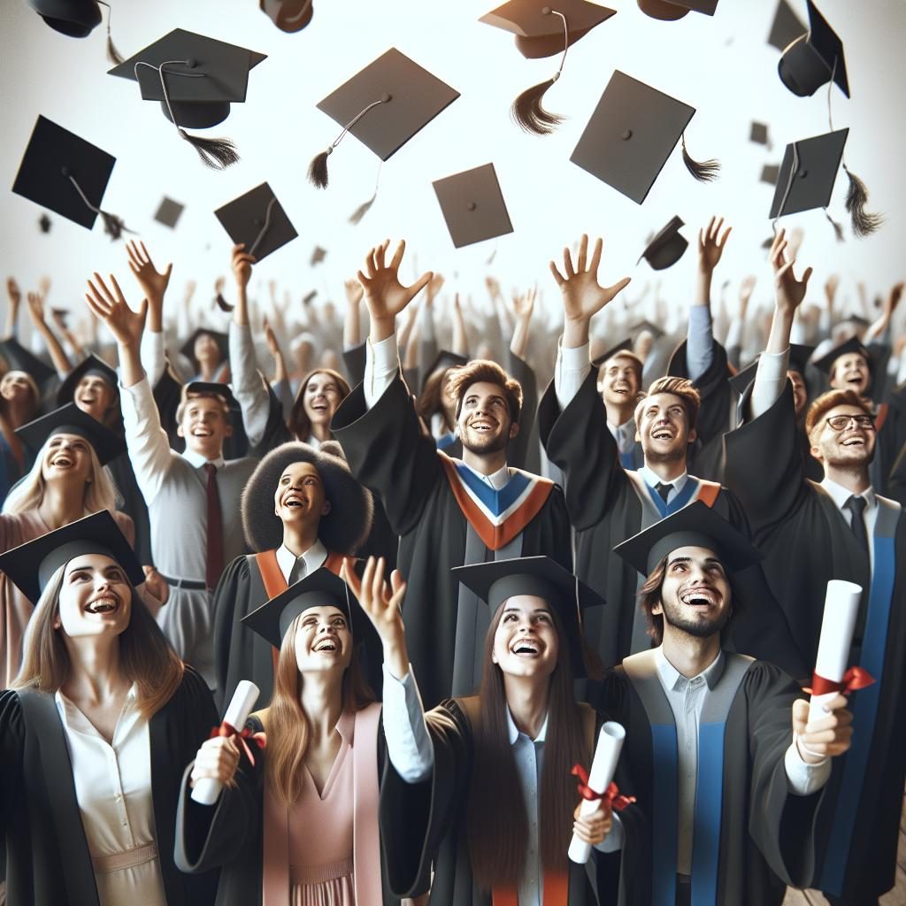 Graduates celebrating with caps.