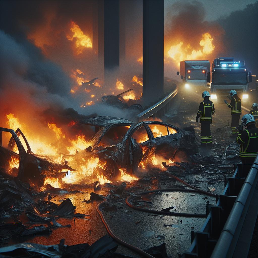 Fiery highway collision aftermath.