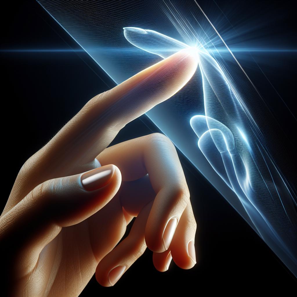 Finger touching clear screen.