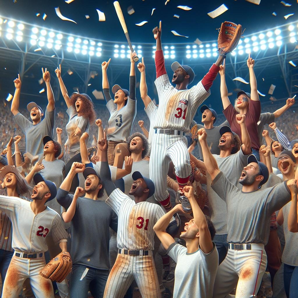 Baseball victory celebration image.