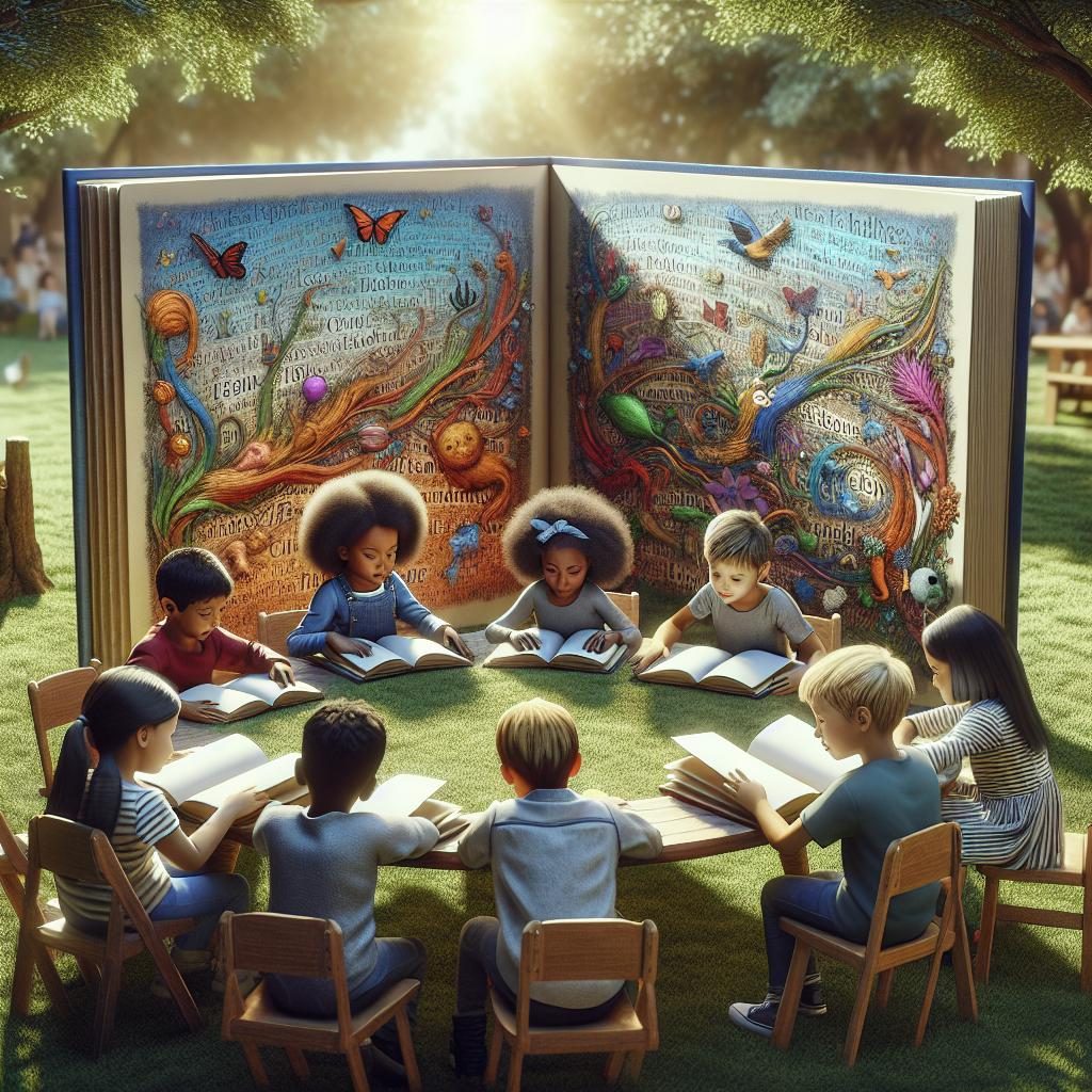 Children reading outdoors panels.