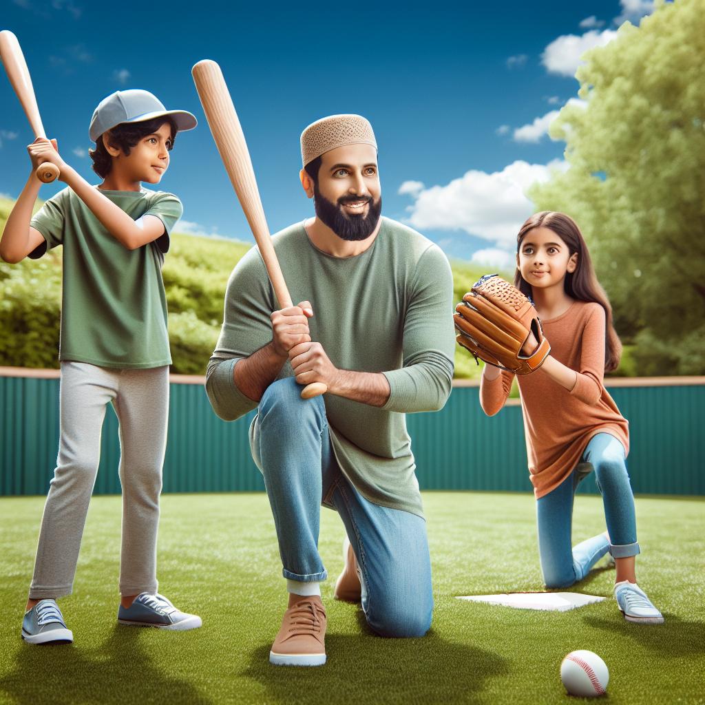 Father and kids at baseball.