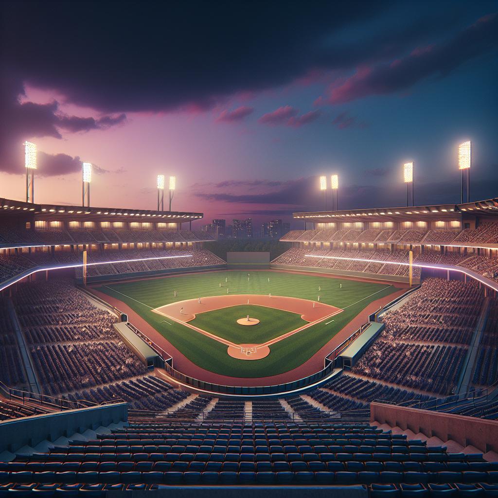 Baseball stadium at dusk.