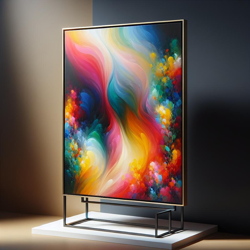 Colorful abstract painting display.
