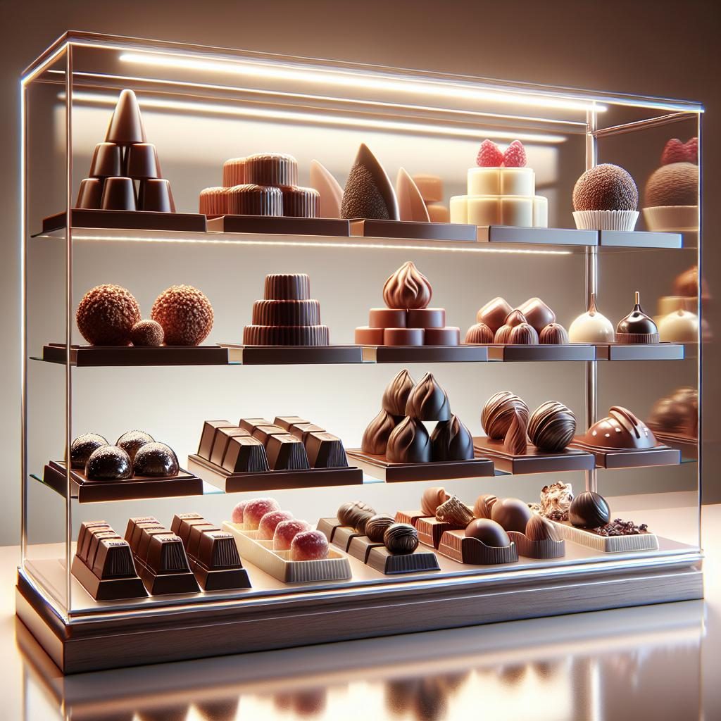 Gourmet chocolate showcase display.