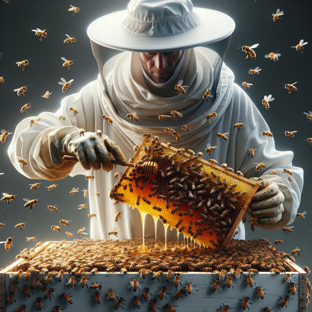 Beekeeper harvesting beehive honey.