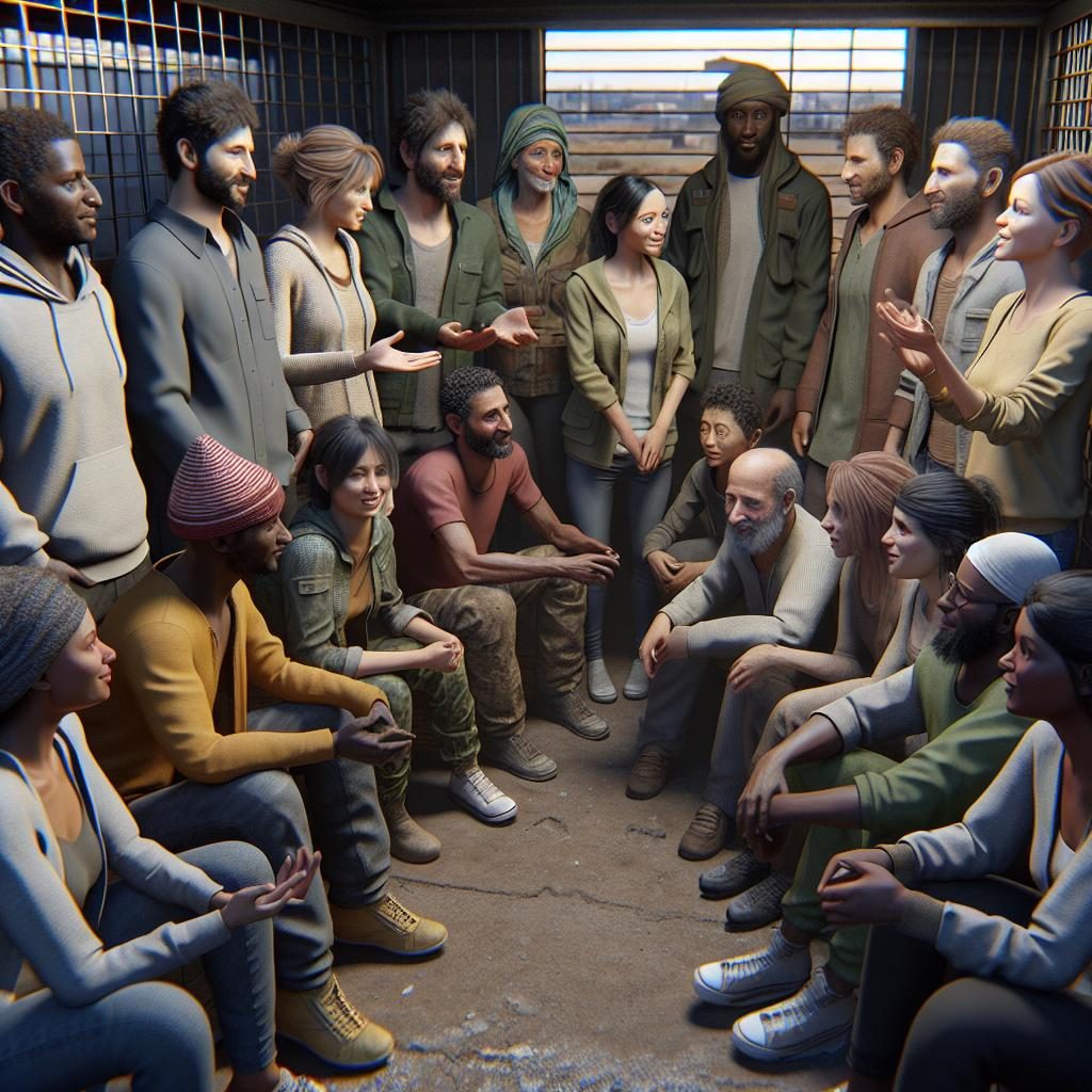 Diverse group in shelter.