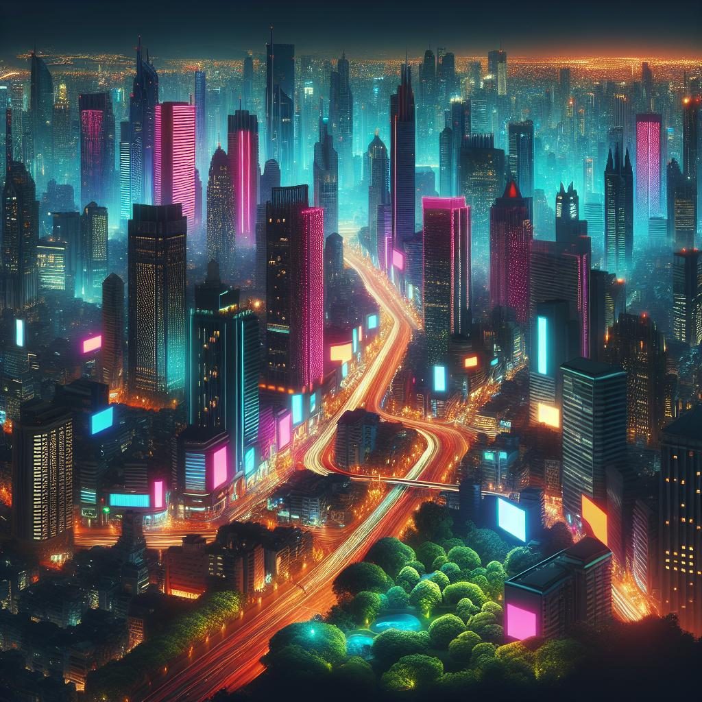 Neon-lit cityscape at night