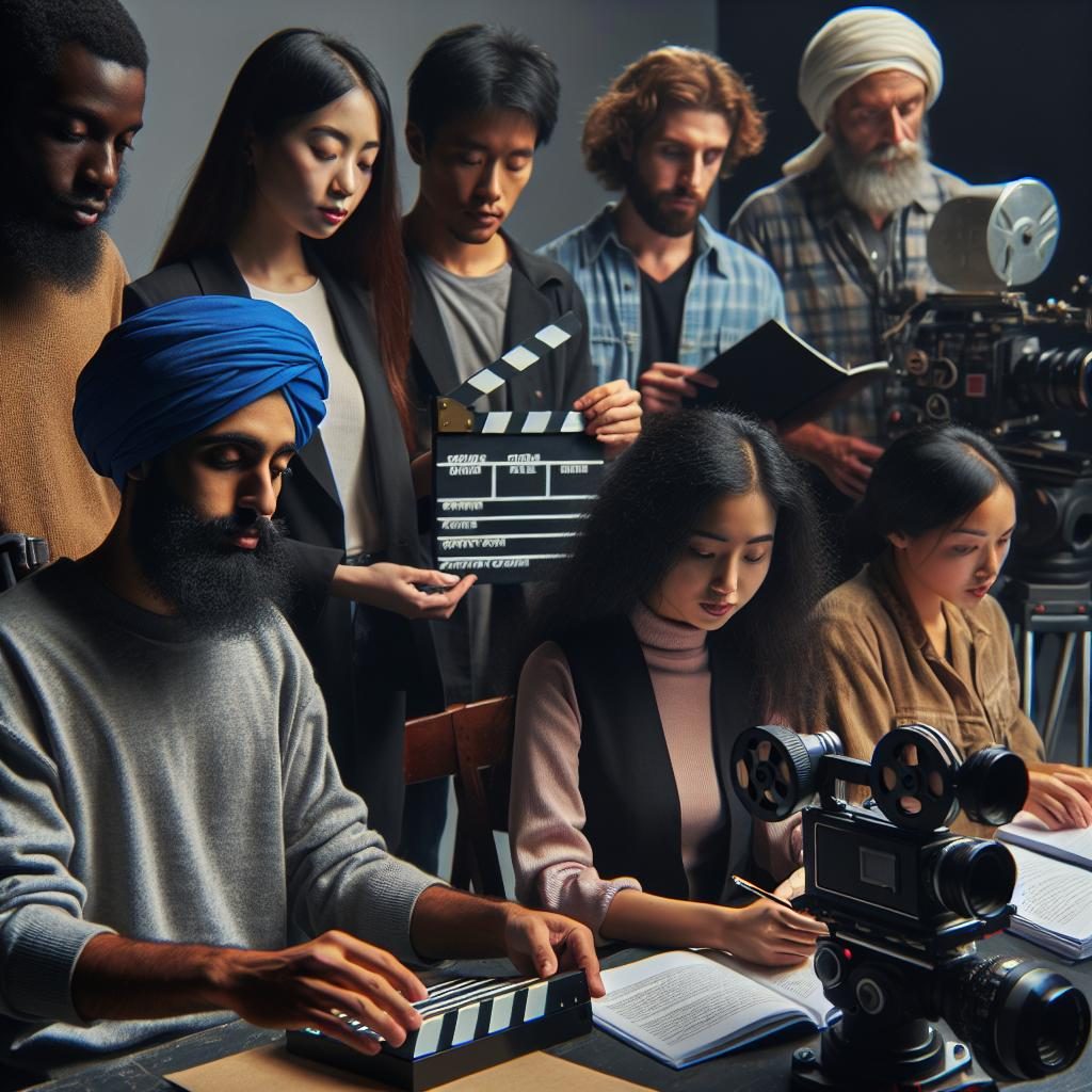 Diverse group studying filmmaking.