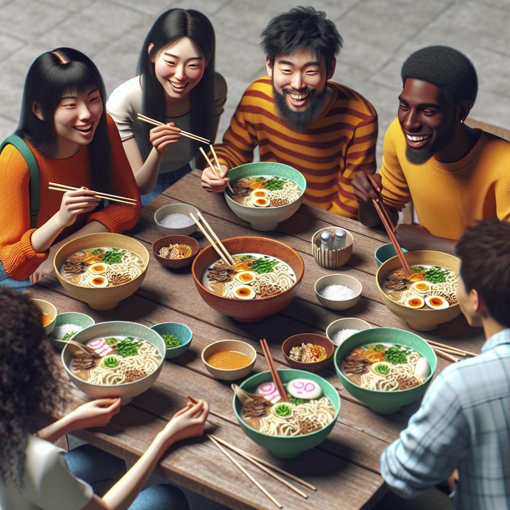 Students eating ramen noodles.