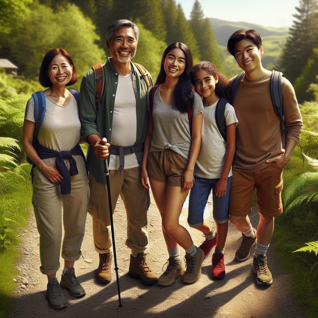 Family hiking trail scene.