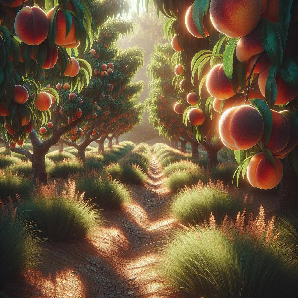 "Juicy peaches in orchard"
