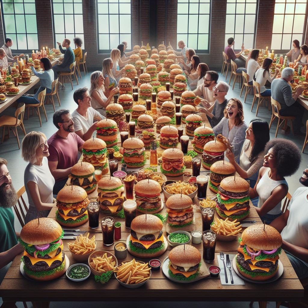 Burger feast celebration scene.