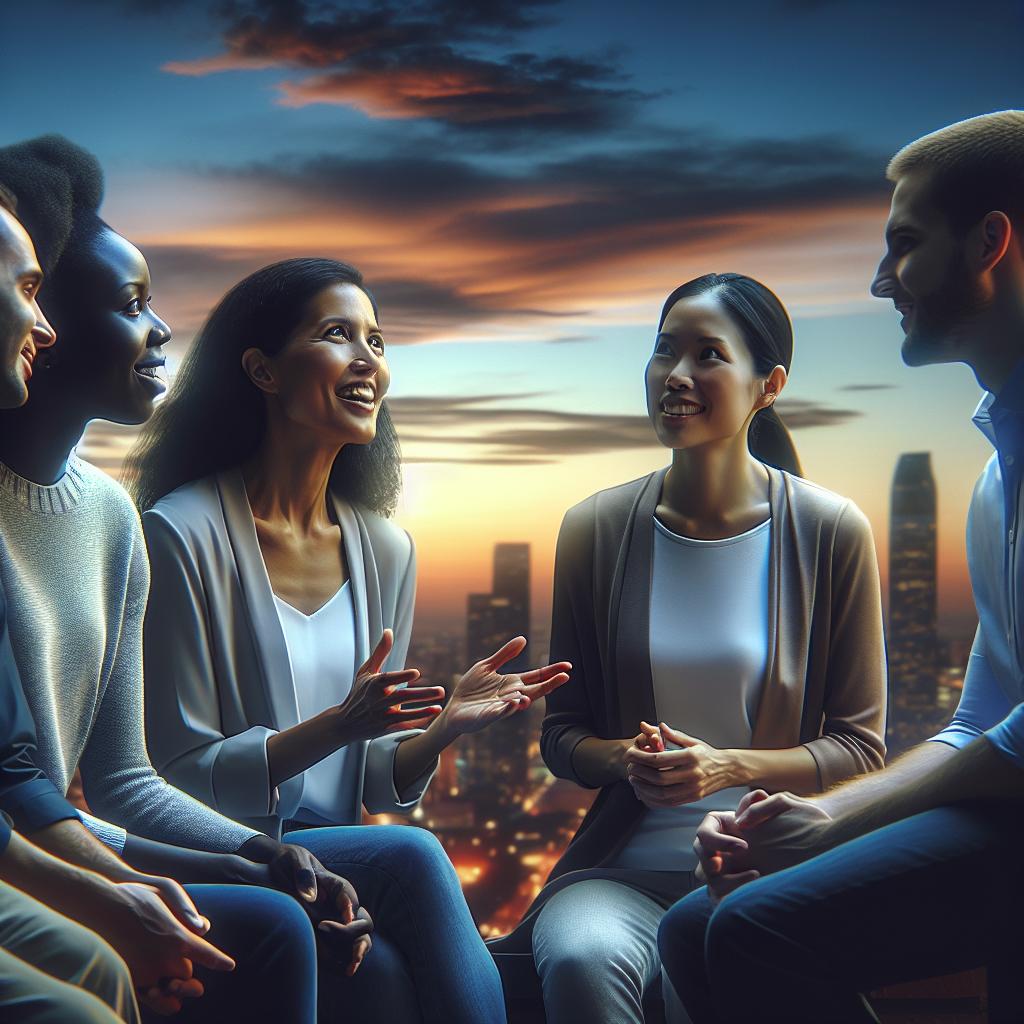 "Colleagues discussing under skyline"