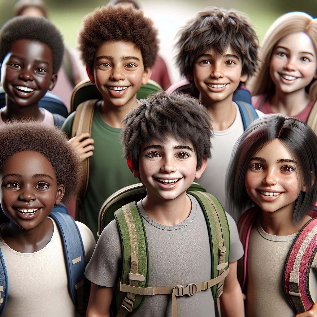 Kids with backpacks smiling.