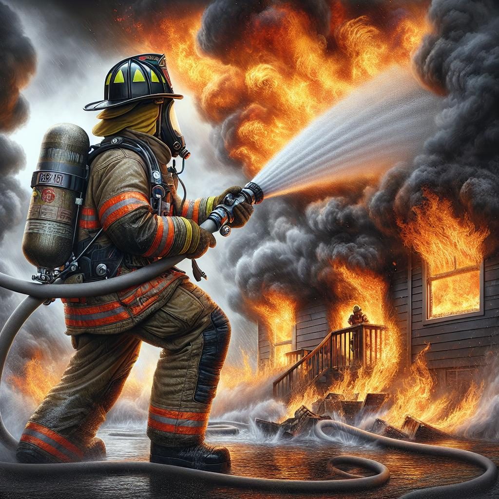 Firefighter battling blazing inferno.