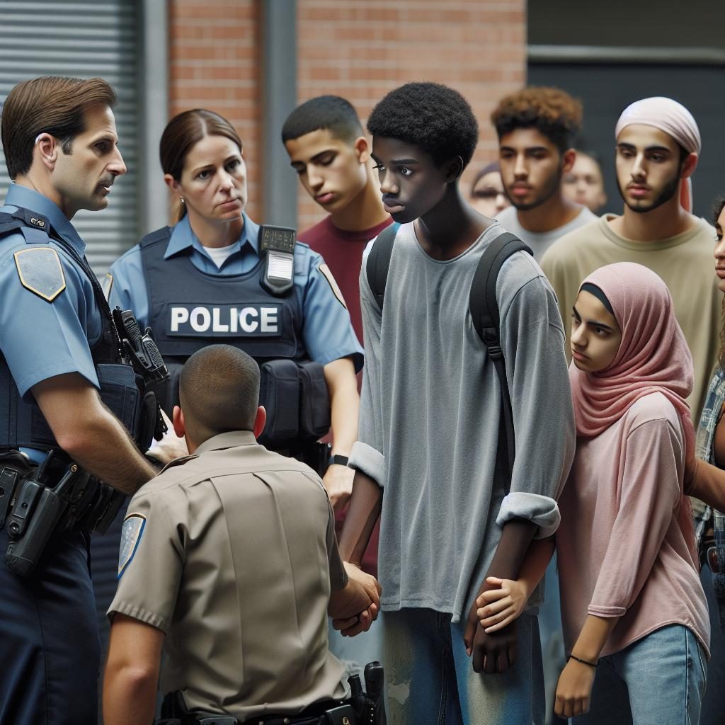 Police arresting teenagers scene.