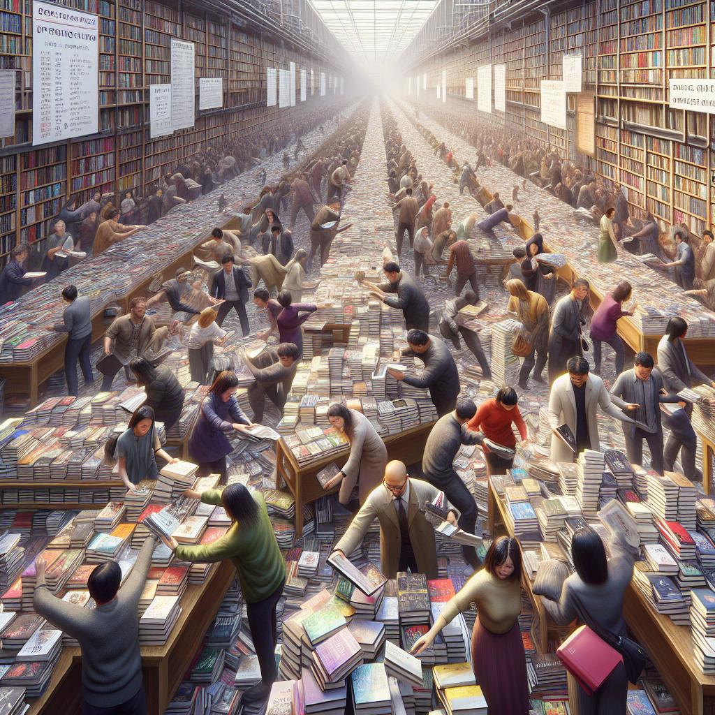 Book sale chaos scene.