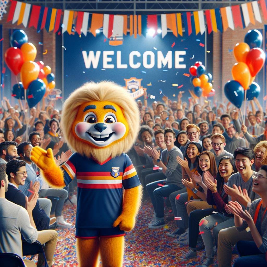 Cheerful mascot welcome event.