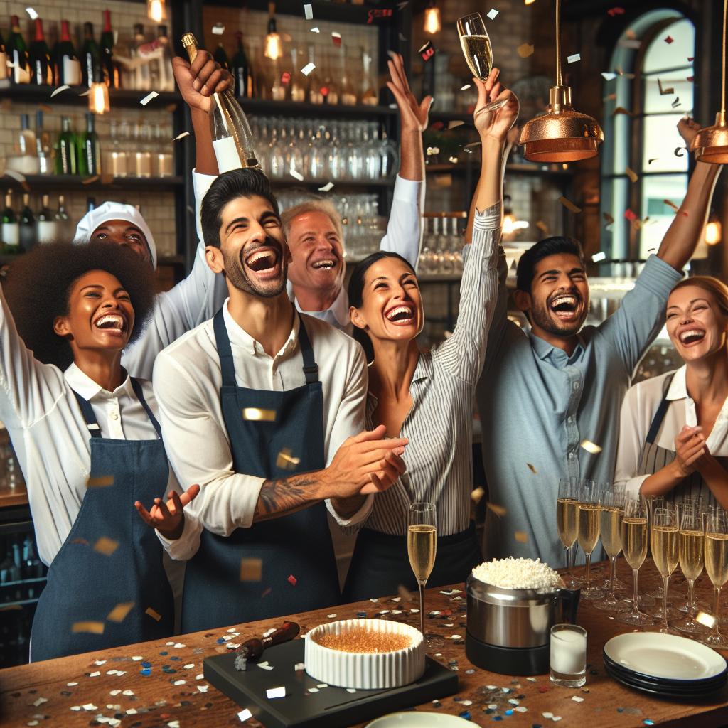 Joyful restaurant workers celebrating.