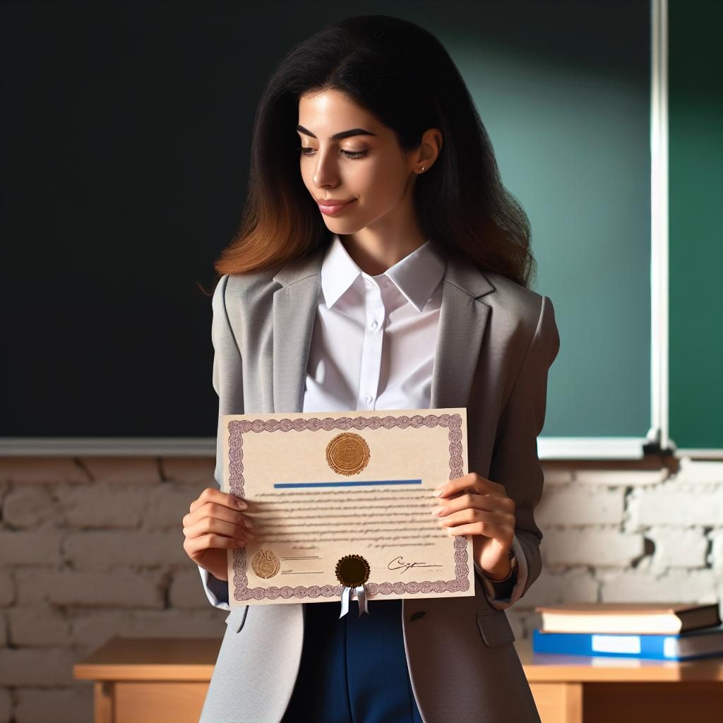 Teacher holding certificate proudly.