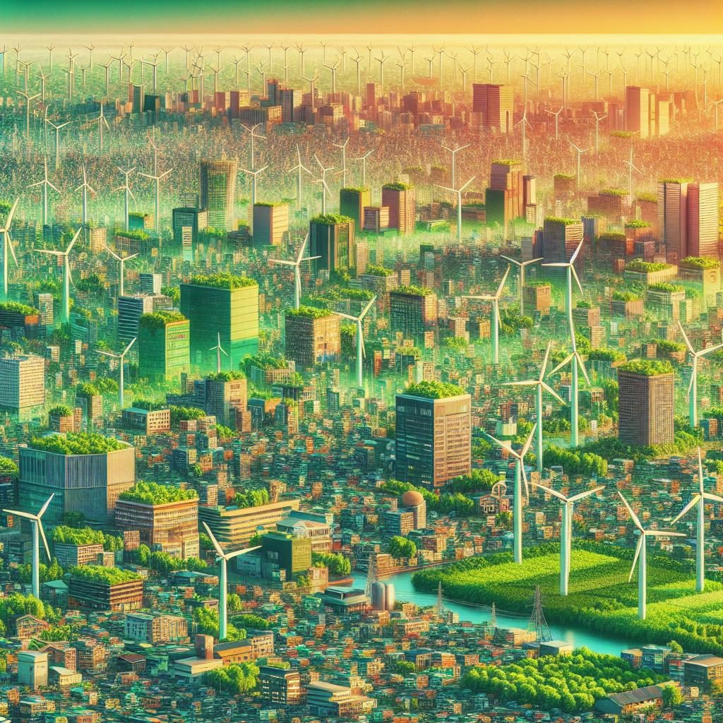 Green cityscape with windmills.