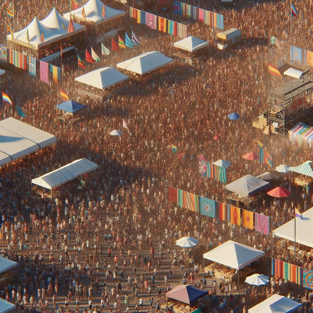 Crowded festival scene aerial.