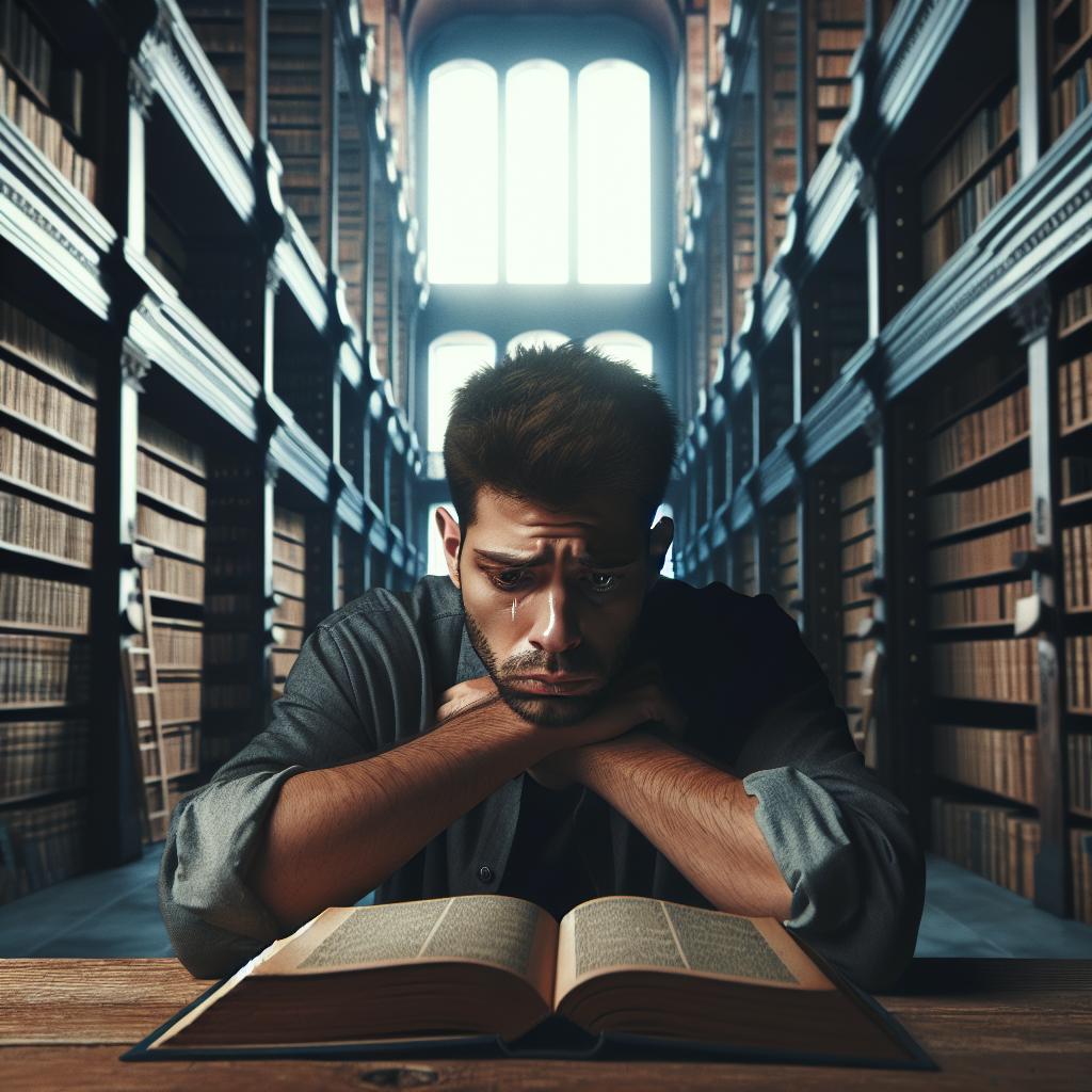 Sad student with empty bookshelves