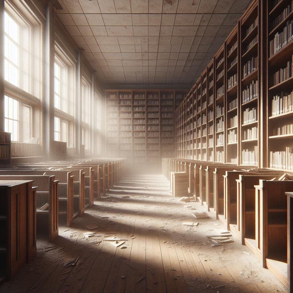 Empty school library shelves.