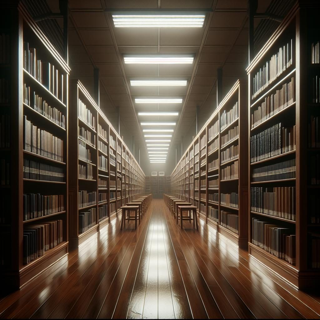 Empty school library shelves.