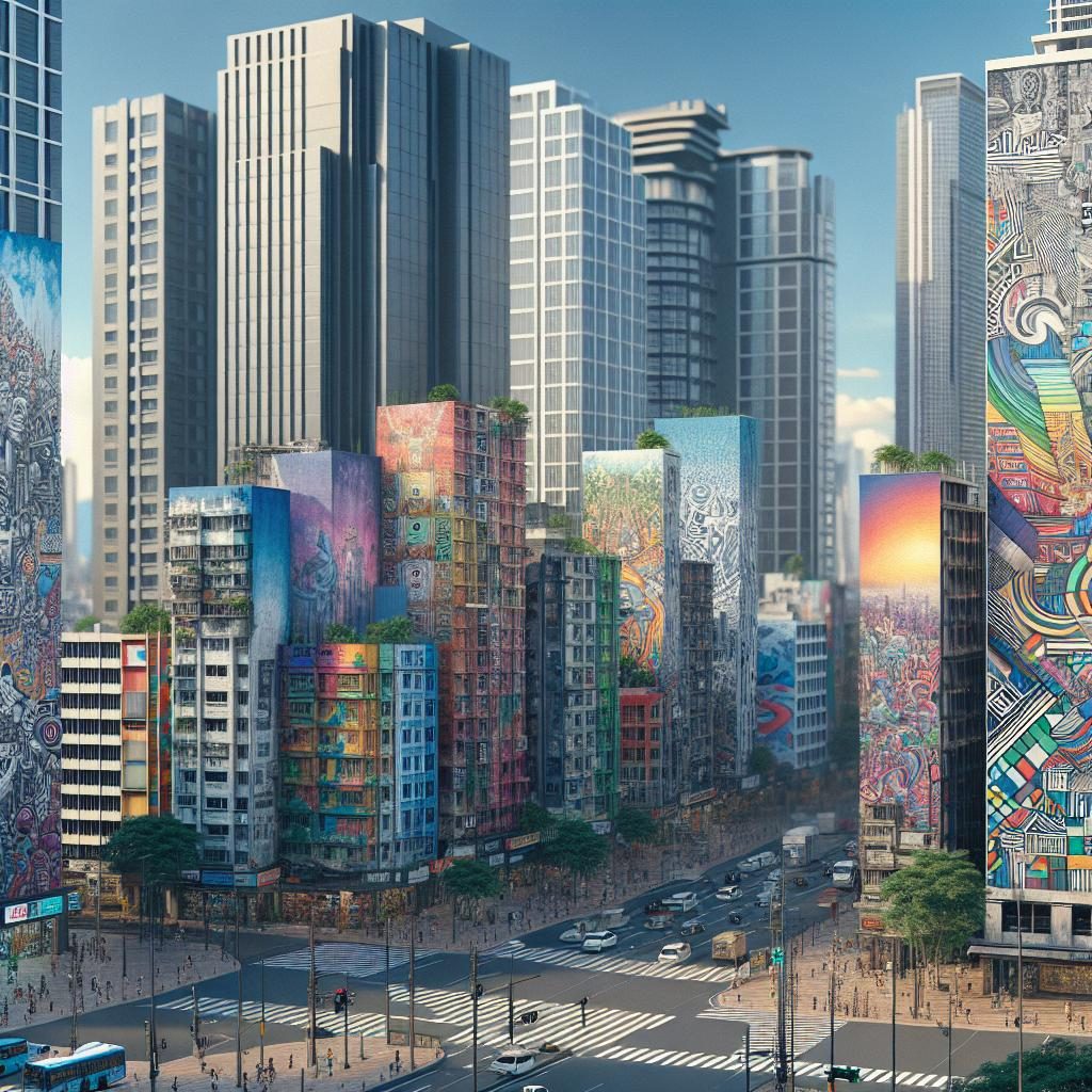 Cityscape with vibrant murals.