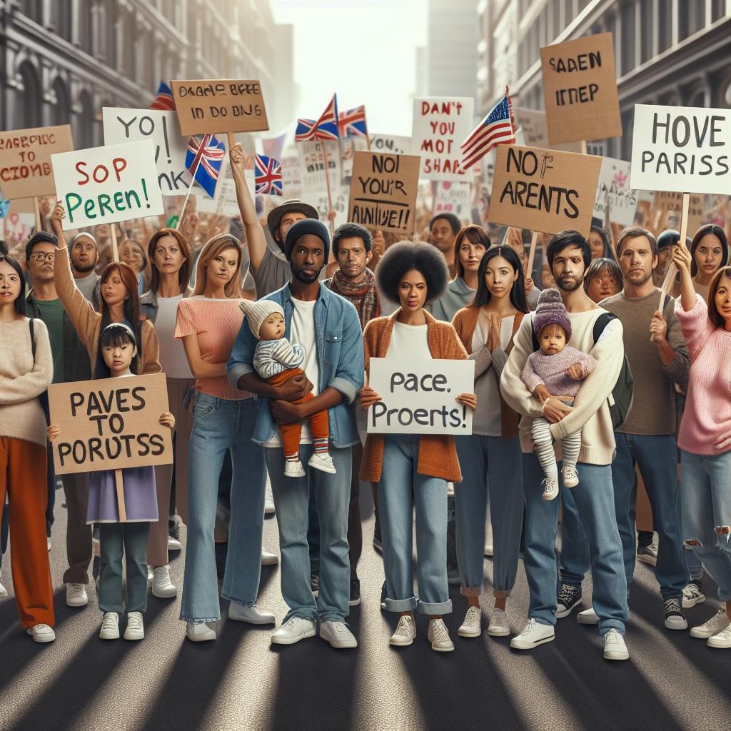 Parents holding protest signs.