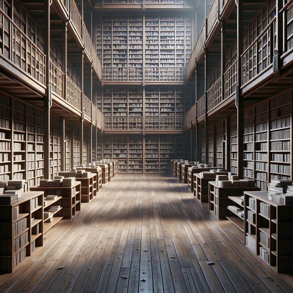 Empty school library shelves.