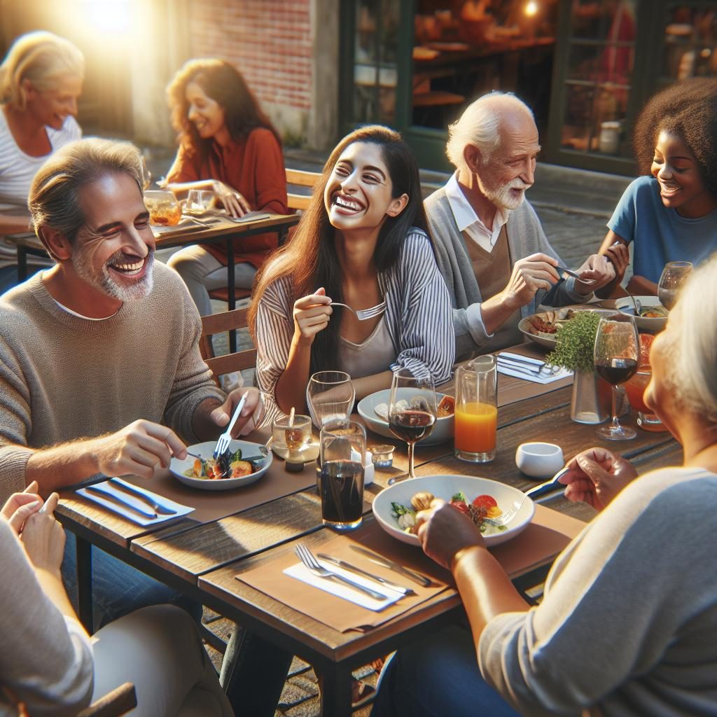 "Happy customers dining outdoors"