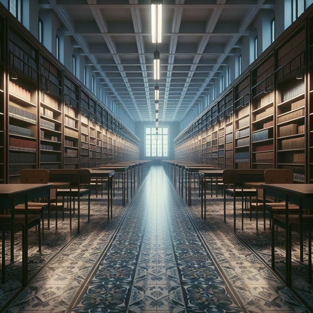 Empty school library shelves.