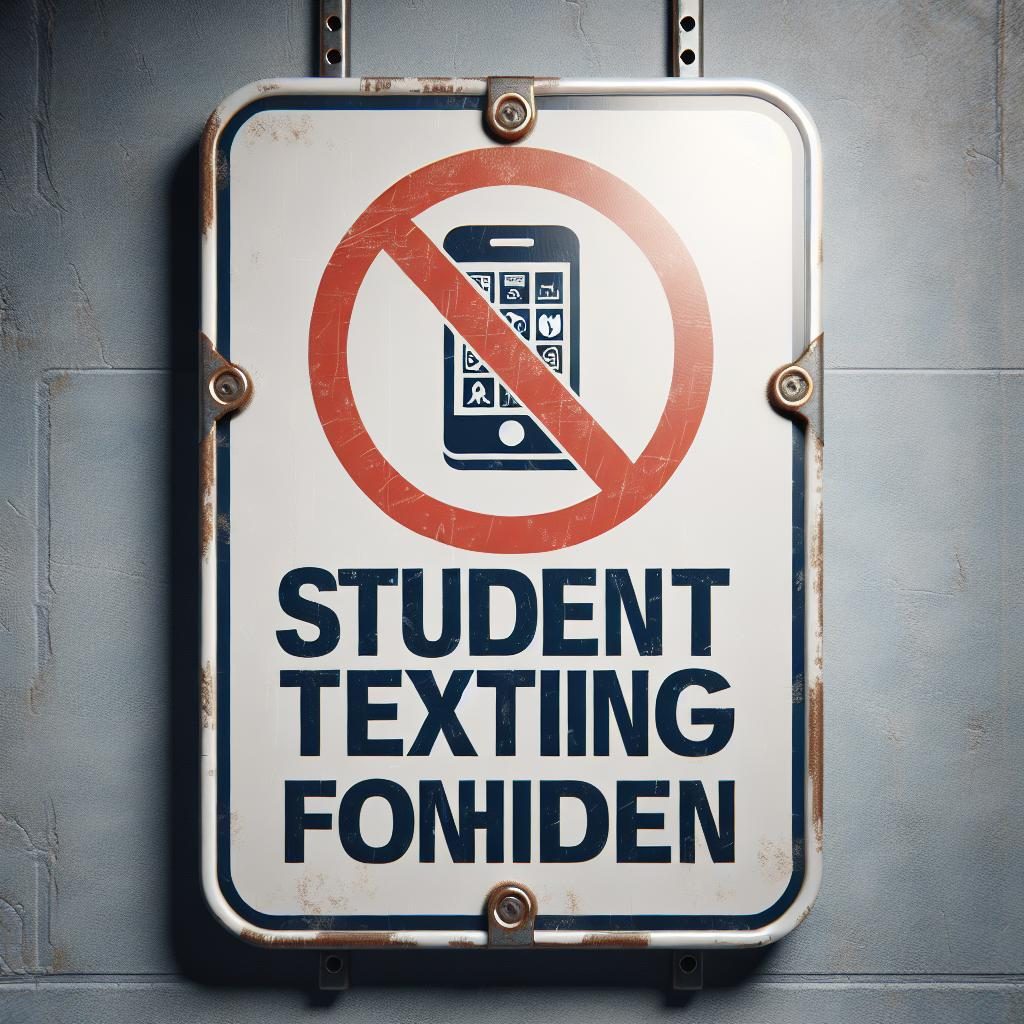 Student texting forbidden sign.