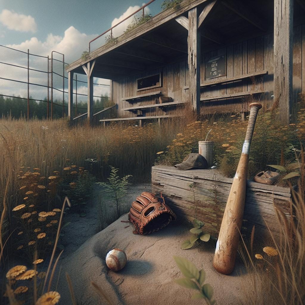 Baseball equipment abandoned field.