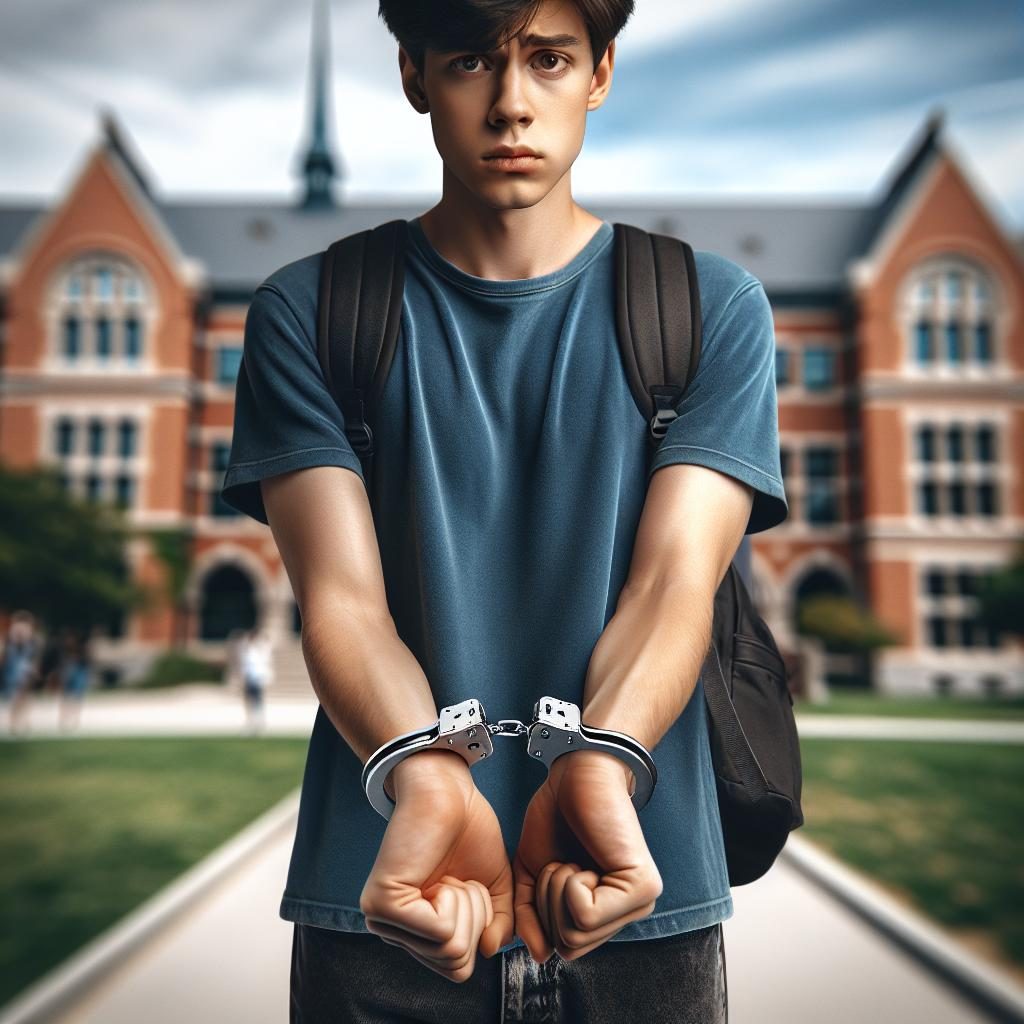 Fearful student in handcuffs