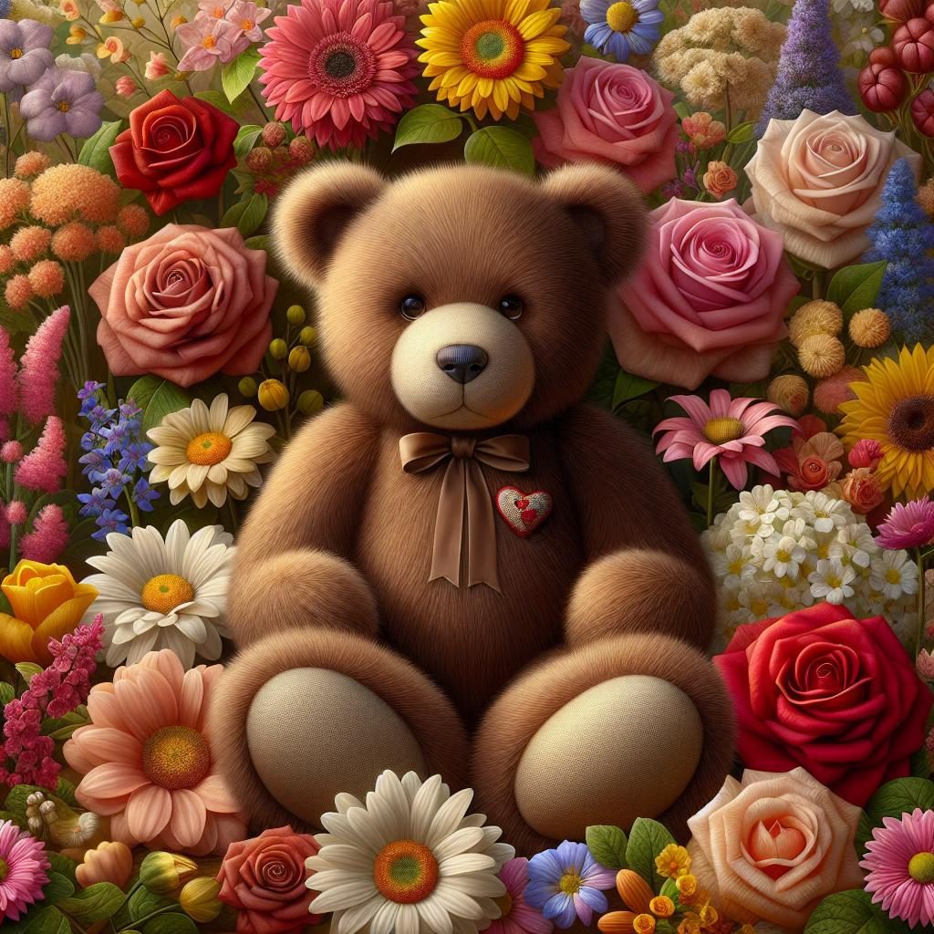 Flowers and teddy bear.