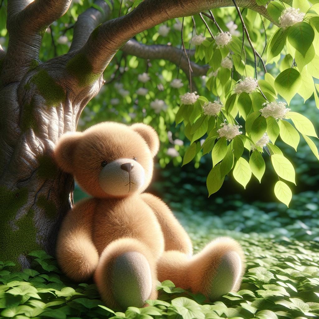 Teddy bear by tree.